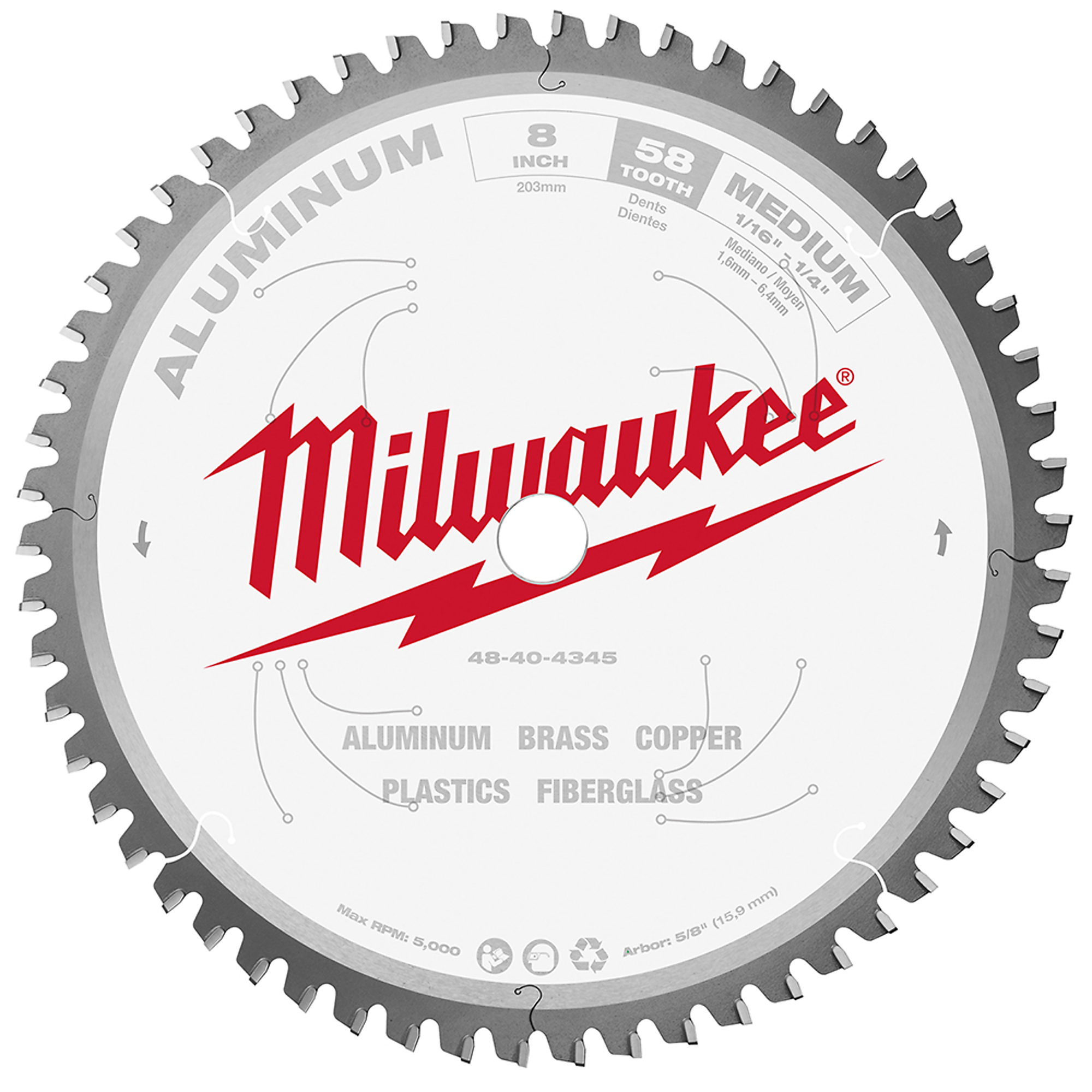 Milwaukee 8" 58 Carbide Teeth Aluminum Cutting Circular Saw Blade, Model # 48-40-4345